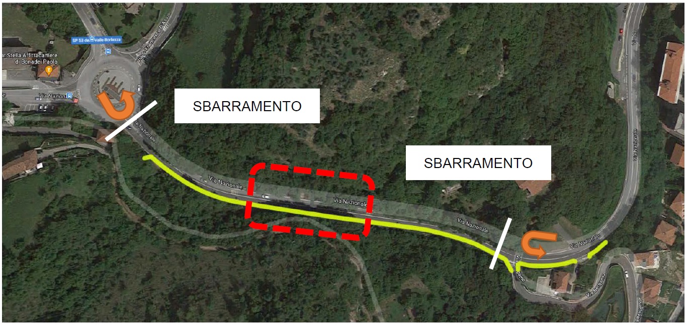 il tratto di via Nazionale chiuso al traffico dalle ore 15 di sabato 15 maggio alle ore 24 di domenica 16 maggio